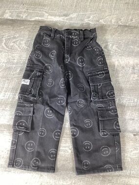 Little Trouble Smiley Face Cargo Pants Kids Black Streetwear Size 4T Trendy